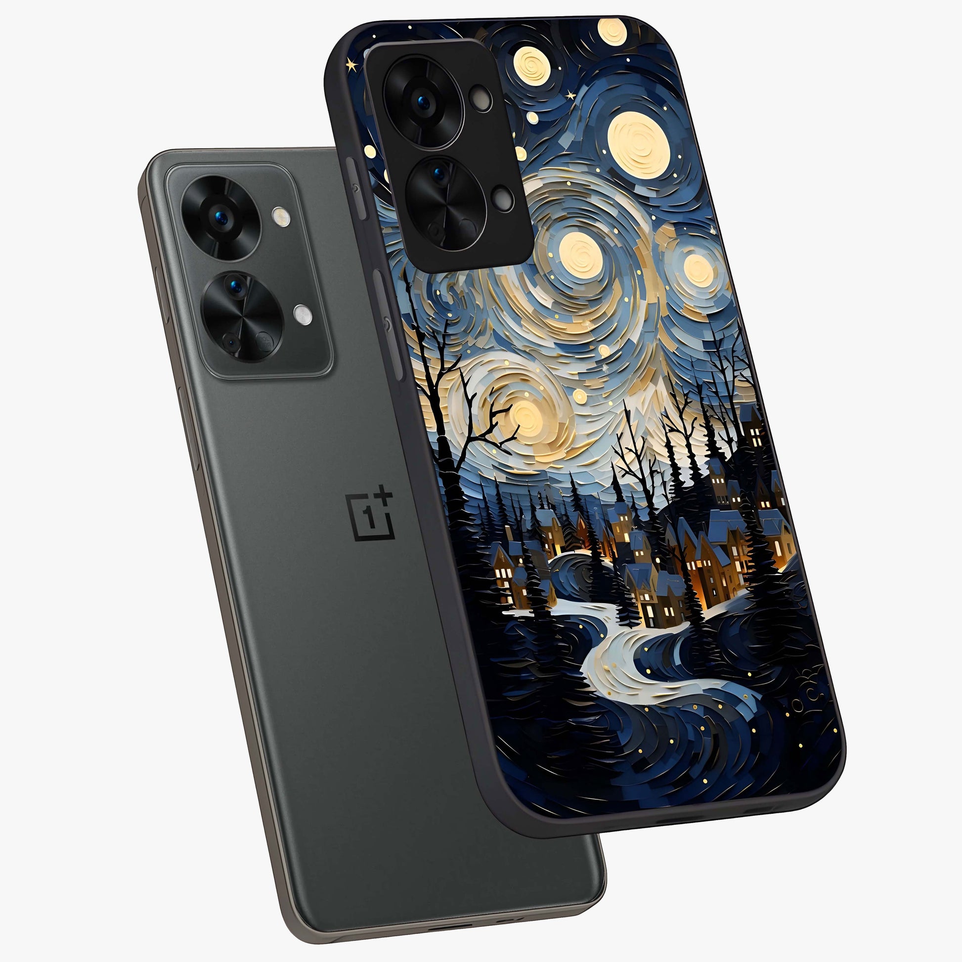 Starry Winter Town Glass Case for 1+Nord 2T angled mockup showcasing glossy finish and cool winter tones