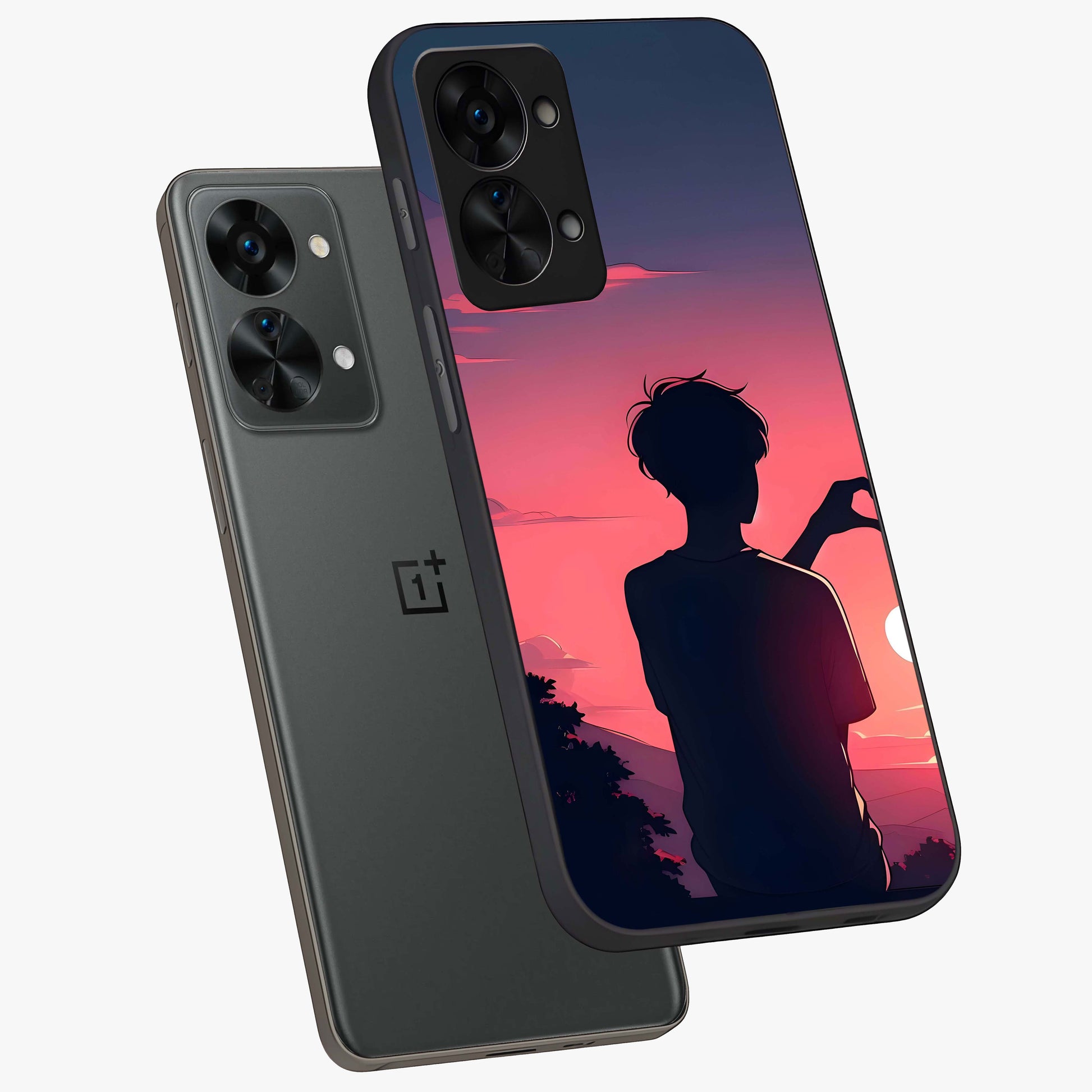 Sunset Silhouette Girl Glass Case for 1+Nord 2T angled mockup showcasing glossy finish and warm gradient tones