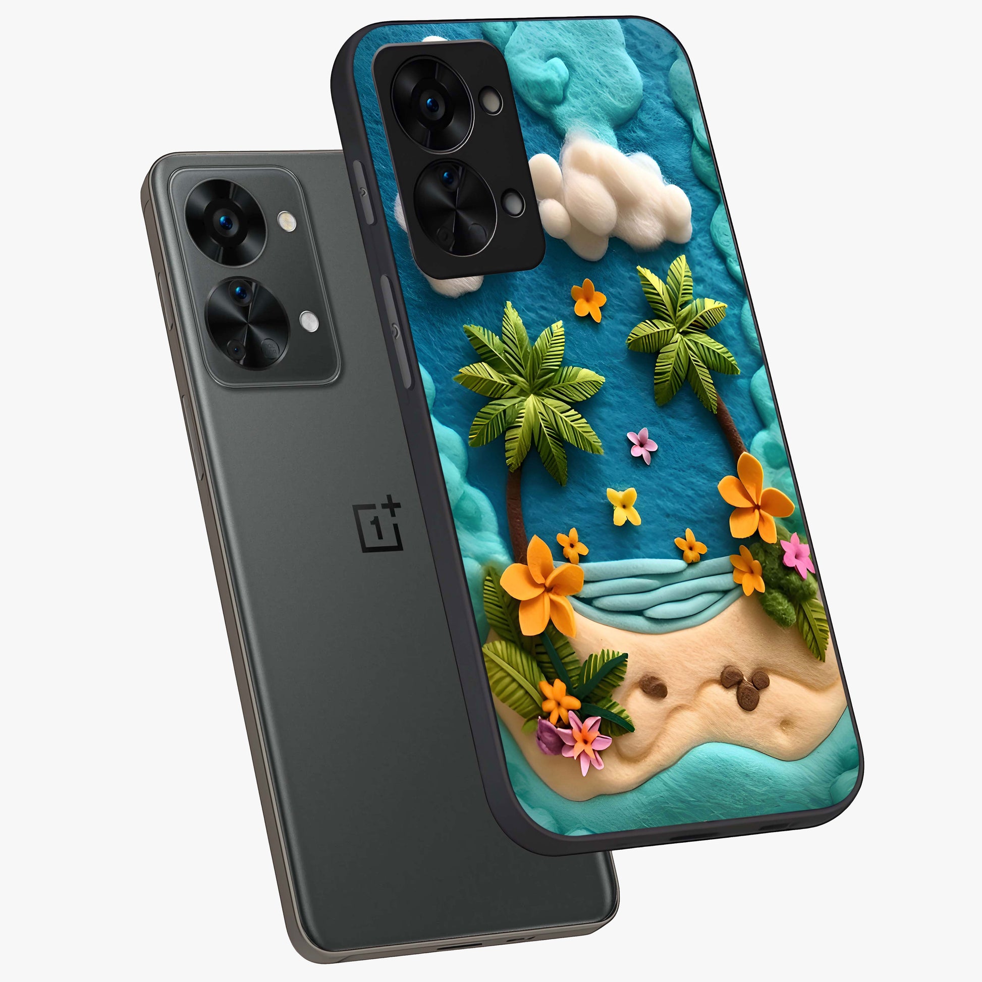 Tropical Felt Escape Glass Case for 1+Nord 2T angled mockup showcasing glossy finish and vibrant island tones