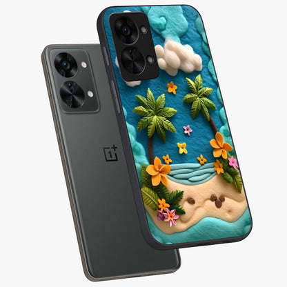 Tropical Felt Escape Glass Case for 1+Nord 2T angled mockup showcasing glossy finish and vibrant island tones