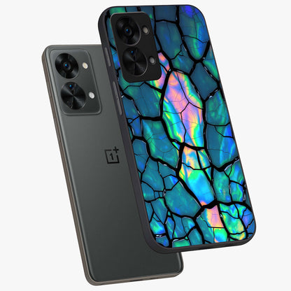 Tropical Wing Vibe Glass Case for 1+Nord 2T angled mockup showcasing glossy finish and bold gradient detailing