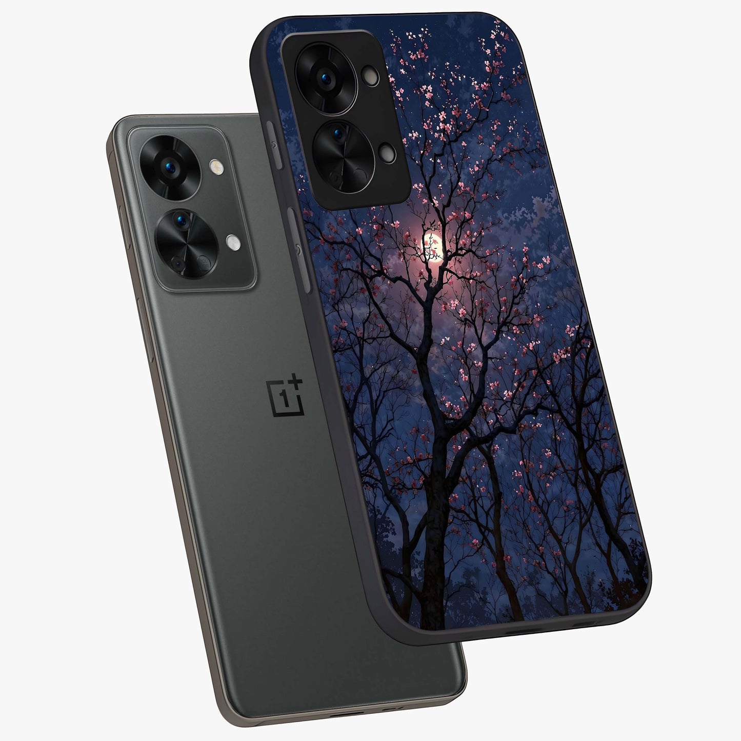 Twilight Sakura Serenade Glass Case for 1+Nord 2T angled mockup showcasing glossy glass finish and soft purple gradients