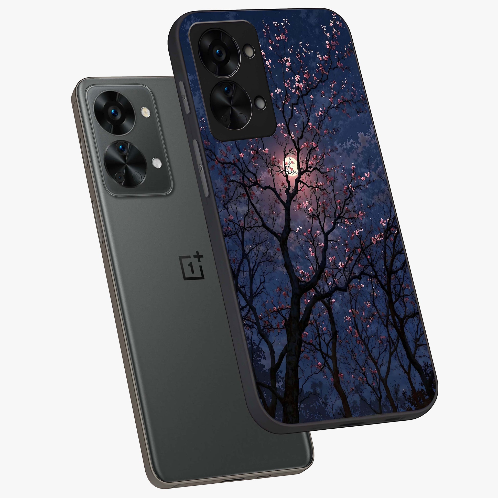 Twilight Sakura Serenade Glass Case for 1+Nord 2T angled mockup showcasing glossy glass finish and soft purple gradients