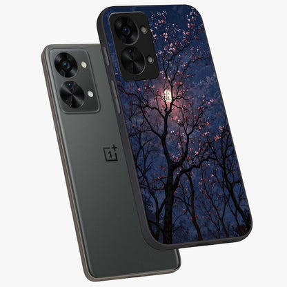 Twilight Sakura Serenade Glass Case for 1+Nord 2T angled mockup showcasing glossy glass finish and soft purple gradients