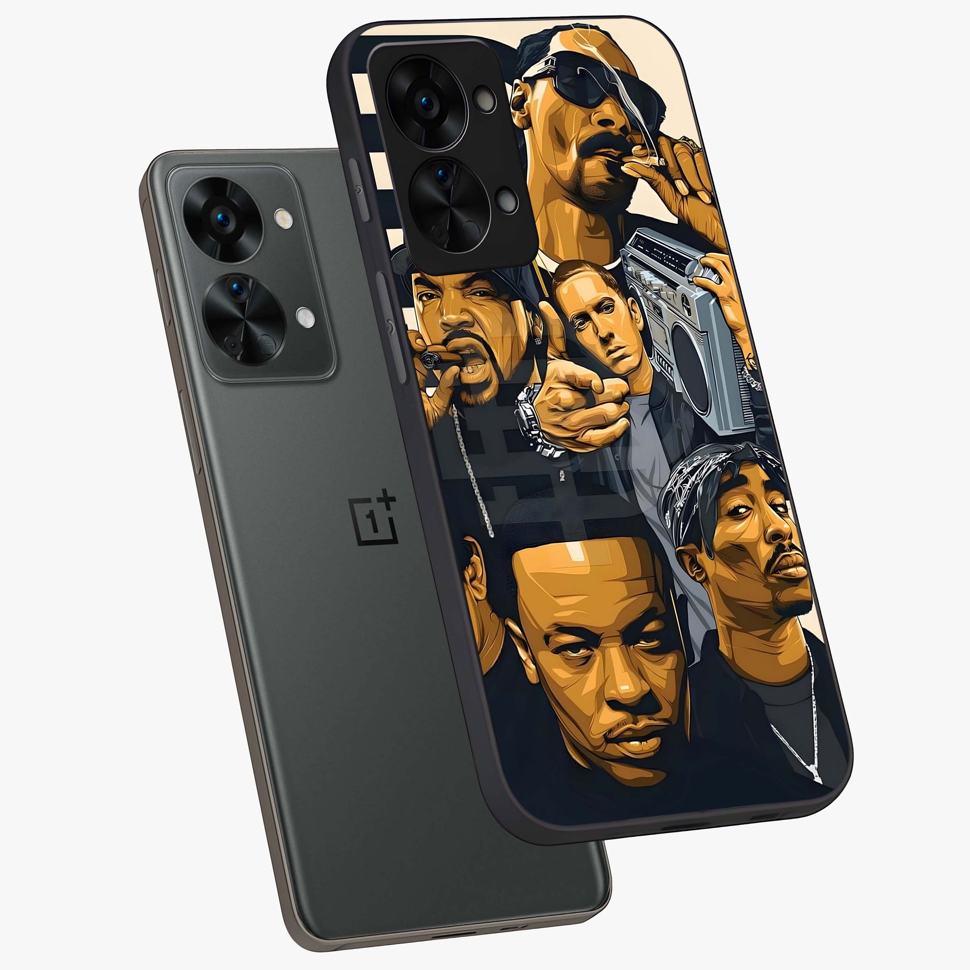 Urban Rap Legends Glass Case for 1+Nord 2T angled mockup showcasing glossy finish and edgy urban detailing