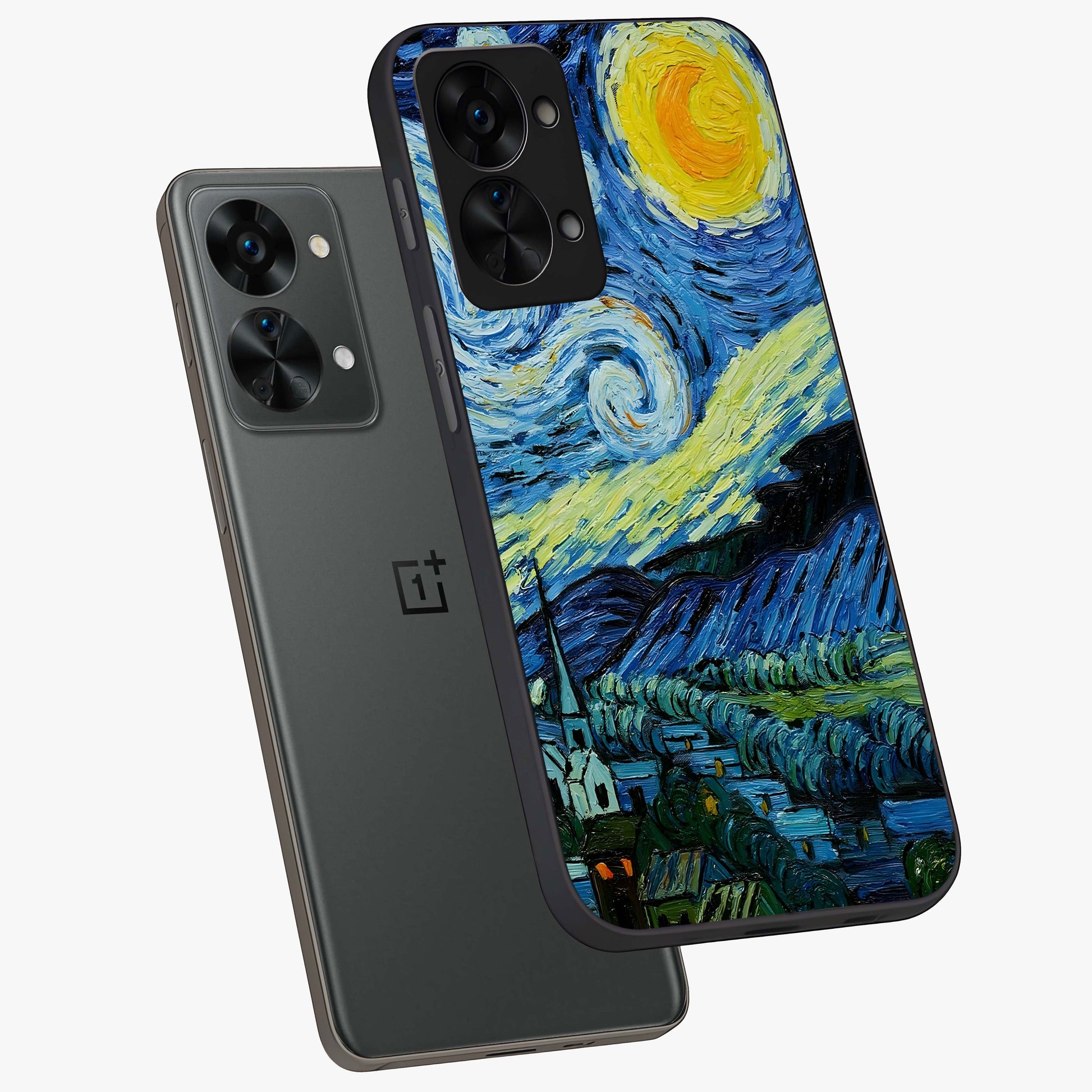 Van Gogh Art Glass Case for 1+Nord 2T angled mockup showcasing glossy finish and rich brushstroke textures