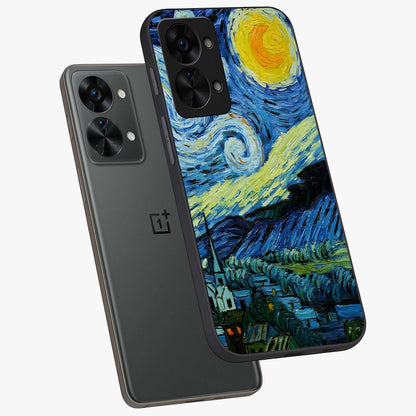 Van Gogh Art Glass Case for 1+Nord 2T angled mockup showcasing glossy finish and rich brushstroke textures