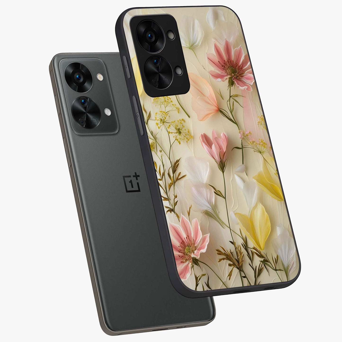 Whispering Petal Harmony Glass Case for 1+Nord 2T angled mockup showcasing glossy finish and delicate bloom detailing