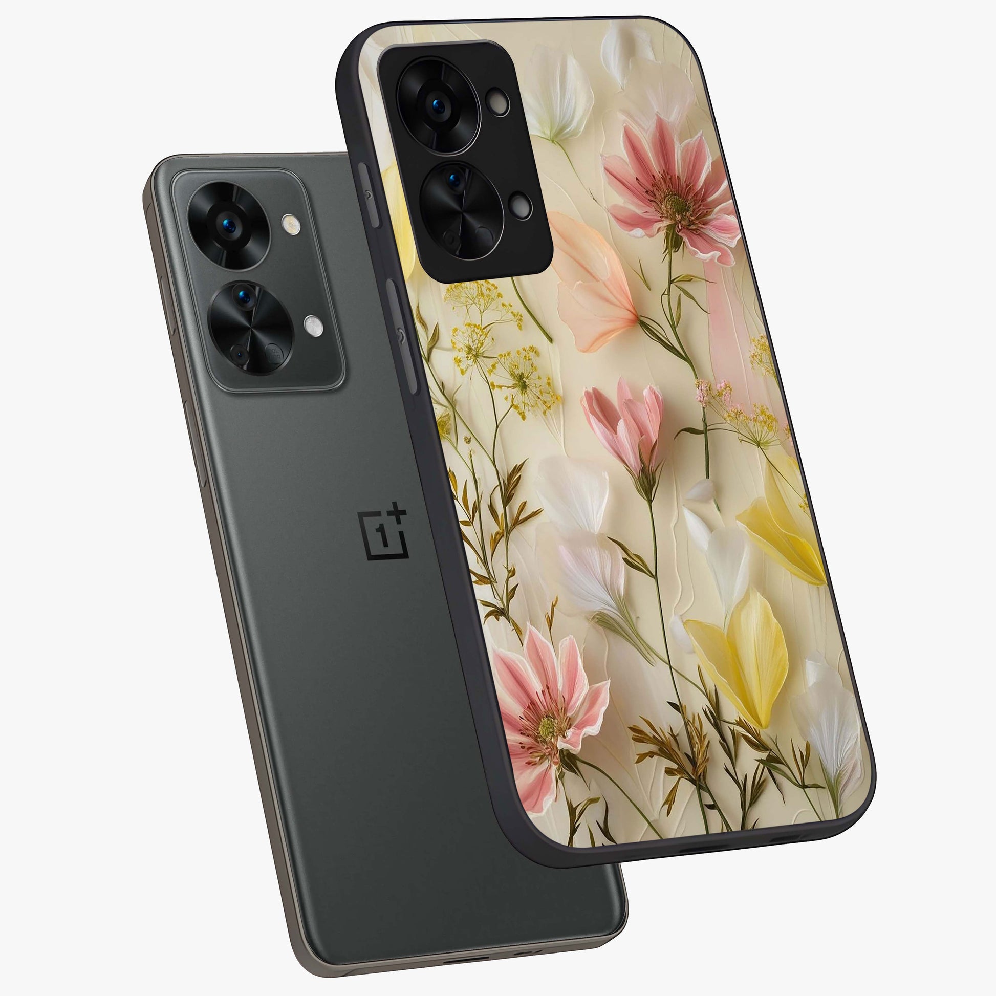 Whispering Petal Harmony Glass Case for 1+Nord 2T angled mockup showcasing glossy finish and delicate bloom detailing