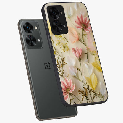 Whispering Petal Harmony Glass Case for 1+Nord 2T angled mockup showcasing glossy finish and delicate bloom detailing