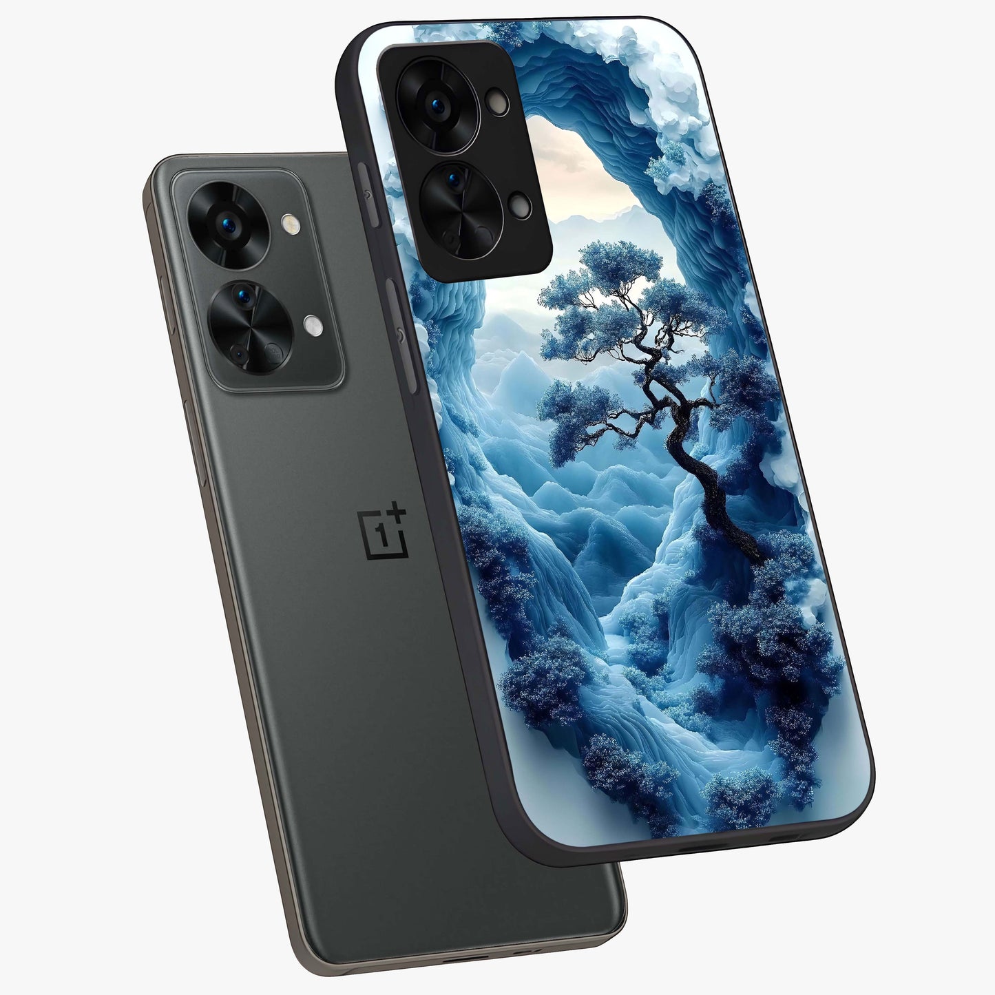 Winter Gate View Glass Case for 1+Nord 2T angled mockup showcasing glossy finish and cool winter gradients