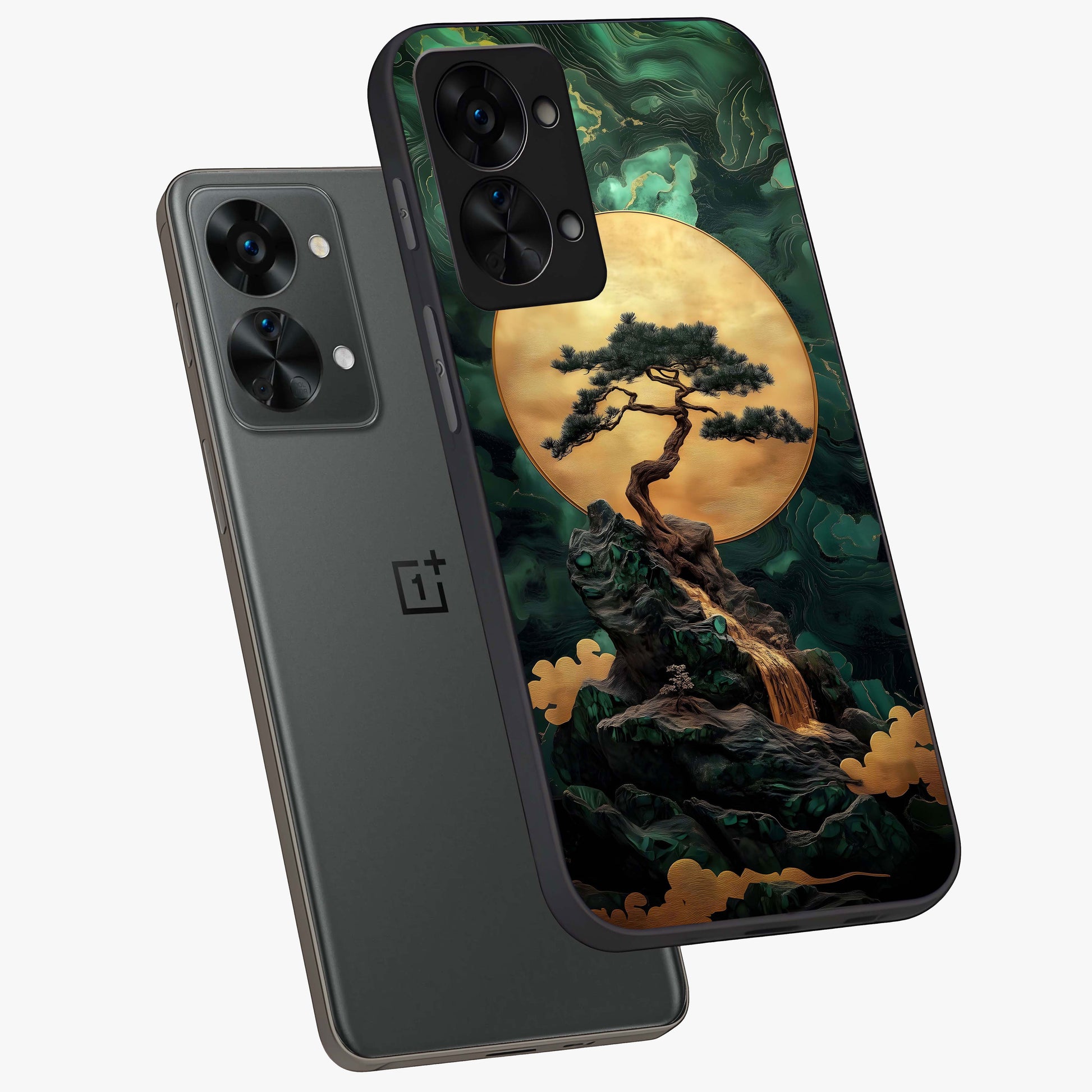 Zen Moon Rise Glass Case for 1+Nord 2T angled mockup showcasing glossy finish and soft night sky tones