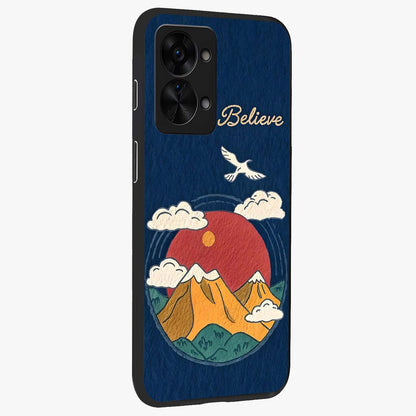 Believe Sky Escape Glass Case for 1+Nord 2T side perspective highlighting motivational typography and smooth edges