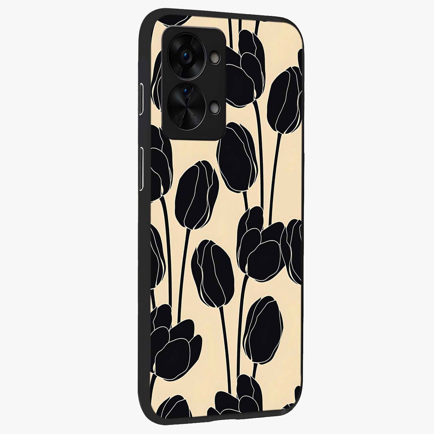 Black Designer Tulip Glass Case for 1+Nord 2T side perspective highlighting bold contrast and stylish tulip illustration