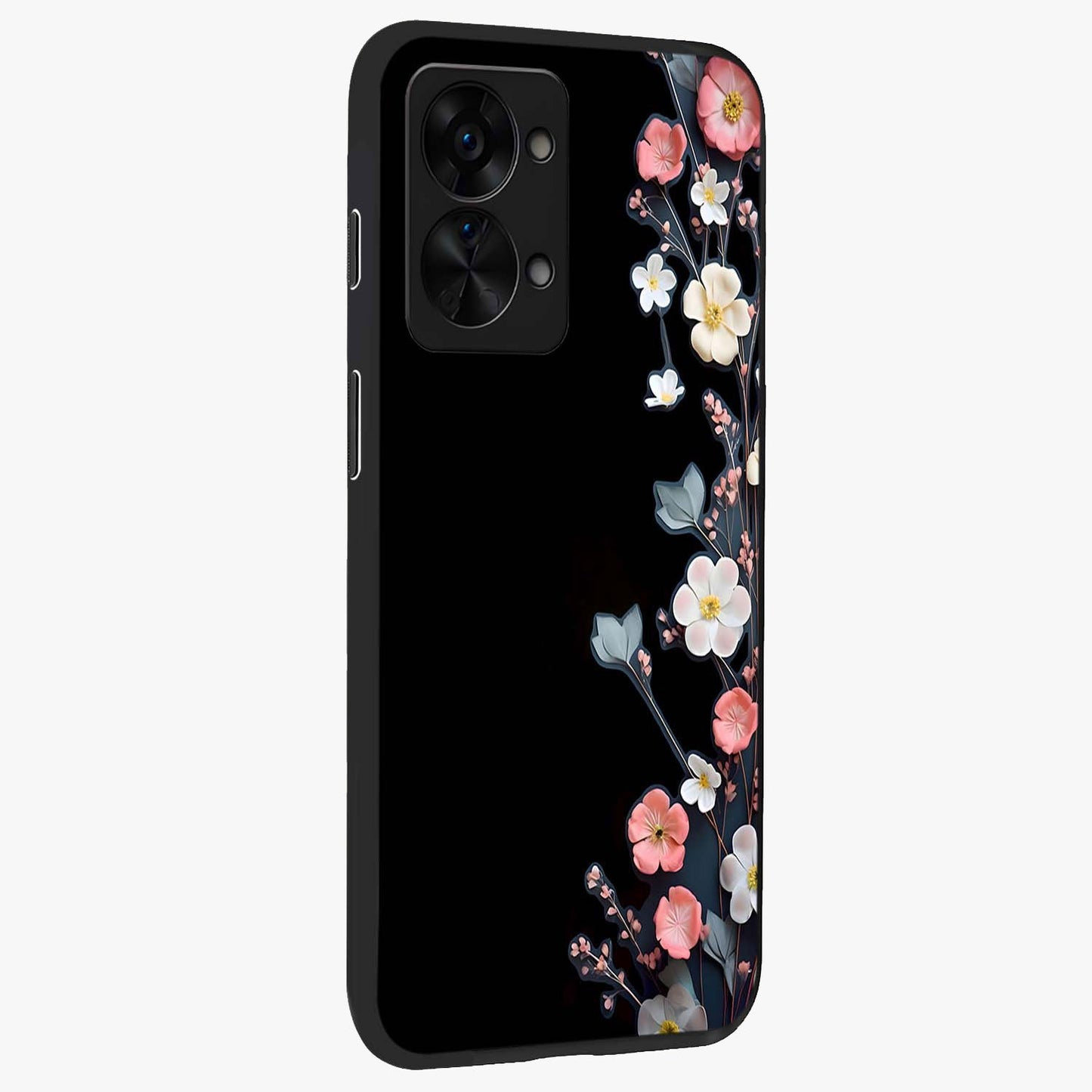 Black Elegance Floral Custom Name Glass Case for 1+Nord 2T side perspective highlighting elegant floral detailing and premium edges