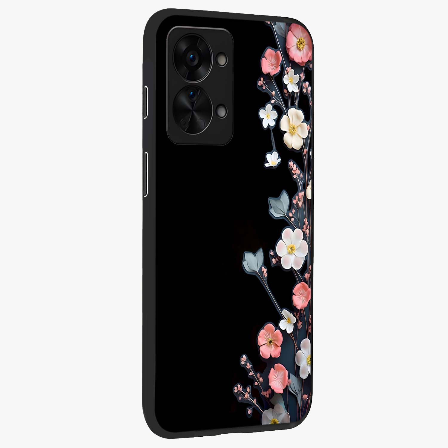 Black Elegance Floral Custom Name Glass Case for 1+Nord 2T side perspective highlighting elegant floral detailing and premium edges