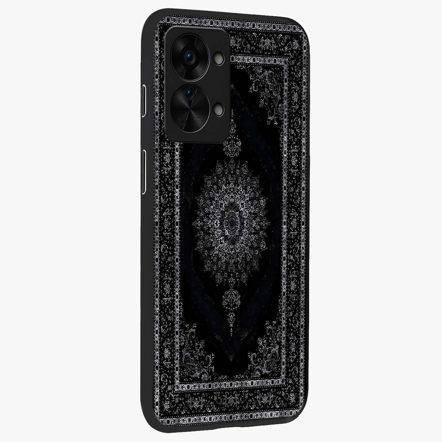 Black Persian Carpet Glass Case for 1+Nord 2T side perspective highlighting classic pattern textures and premium build