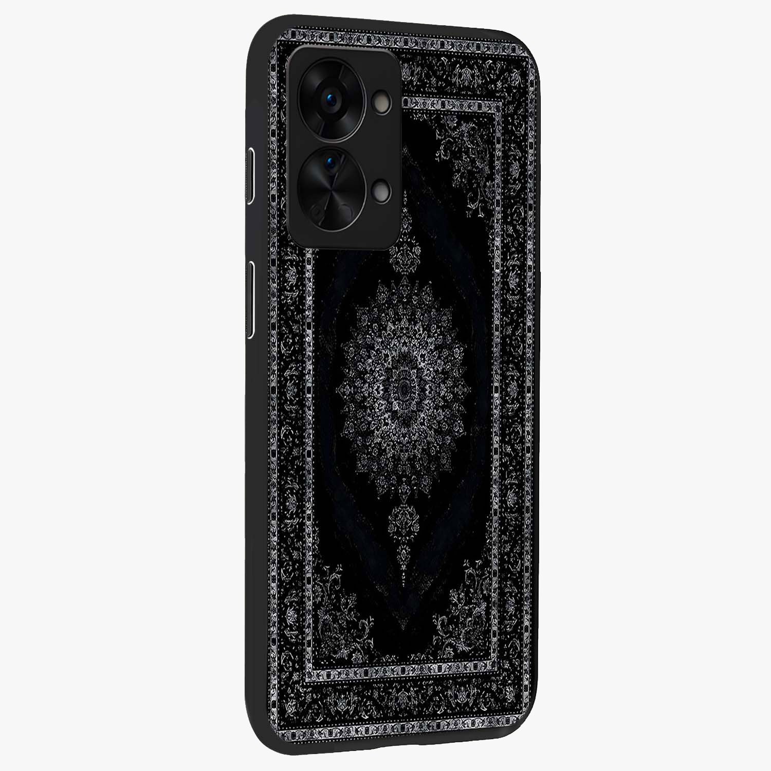 Black Persian Carpet Glass Case for 1+Nord 2T side perspective highlighting classic pattern textures and premium build