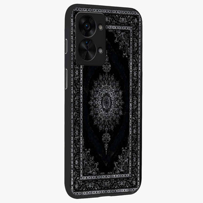 Black Persian Carpet Glass Case for 1+Nord 2T side perspective highlighting classic pattern textures and premium build