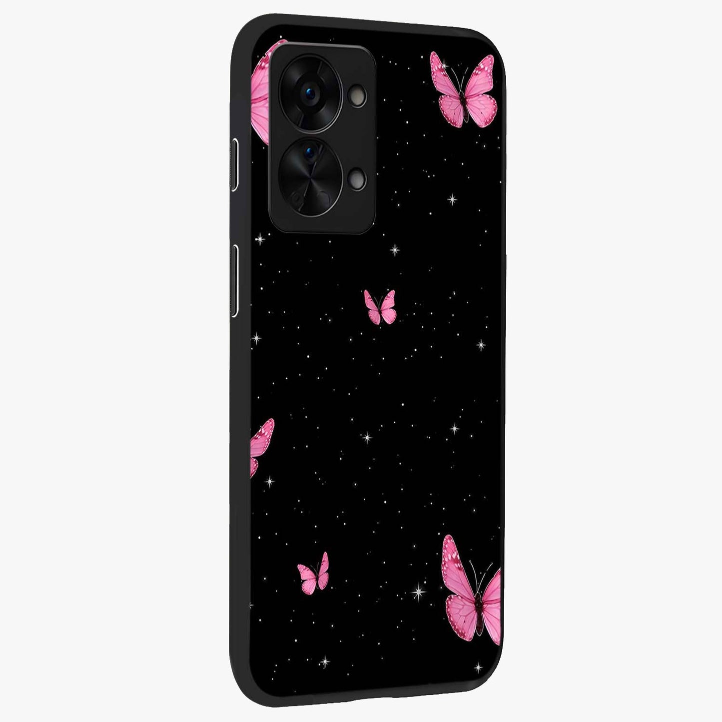 Blinking Butterfly Glass Case for 1+Nord 2T displayed upright for graceful aesthetic visibility and premium finish.