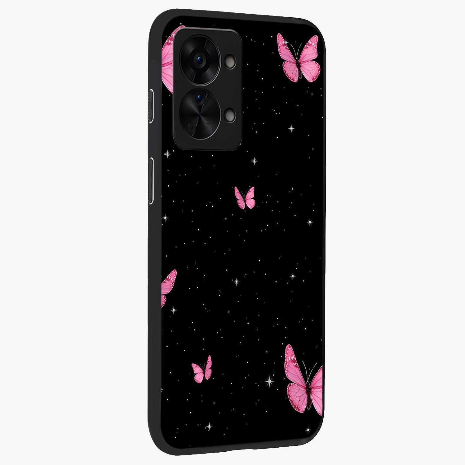 Blinking Butterfly Glass Case for 1+Nord 2T displayed upright for graceful aesthetic visibility and premium finish.