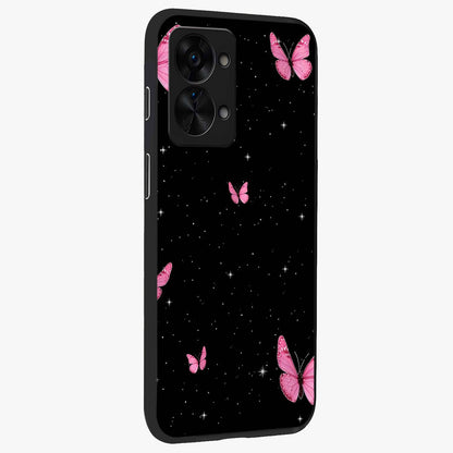 Blinking Butterfly Glass Case for 1+Nord 2T displayed upright for graceful aesthetic visibility and premium finish.