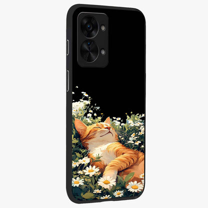 Blissful Bloom Cat Glass Case for 1+Nord 2T side perspective highlighting cute feline illustration and premium edges