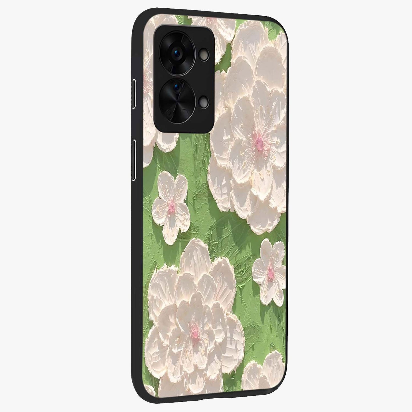 Blossom Meadow Dreams Glass Case for 1+Nord 2T side perspective highlighting serene floral design and smooth edges