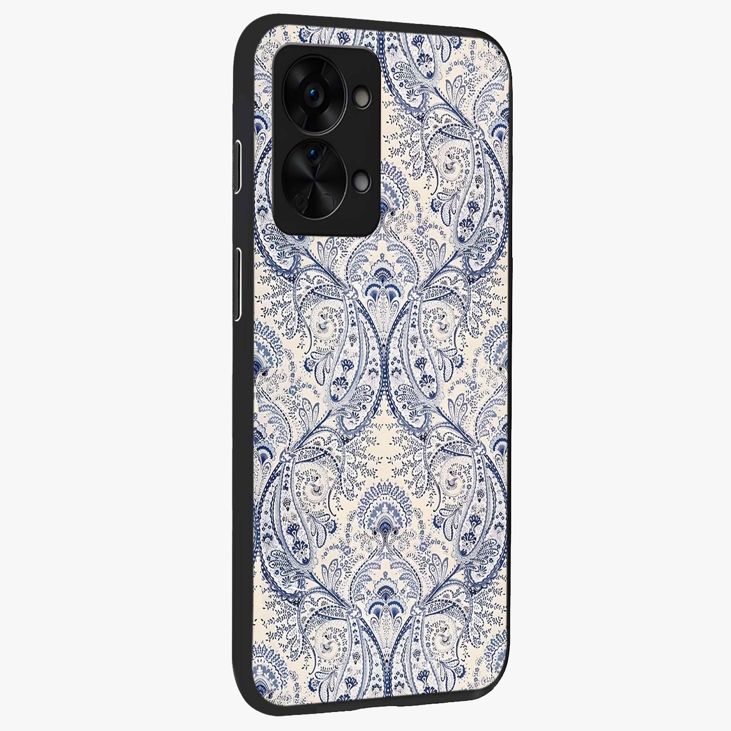 Blue Paisley Bloom Glass Case for 1+Nord 2T side perspective highlighting elegant paisley textures and premium build