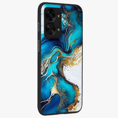 Blue and White Marble With Golden Viens Art Glass Case for 1+Nord 2T side perspective highlighting rich marble textures and elegant gold accents