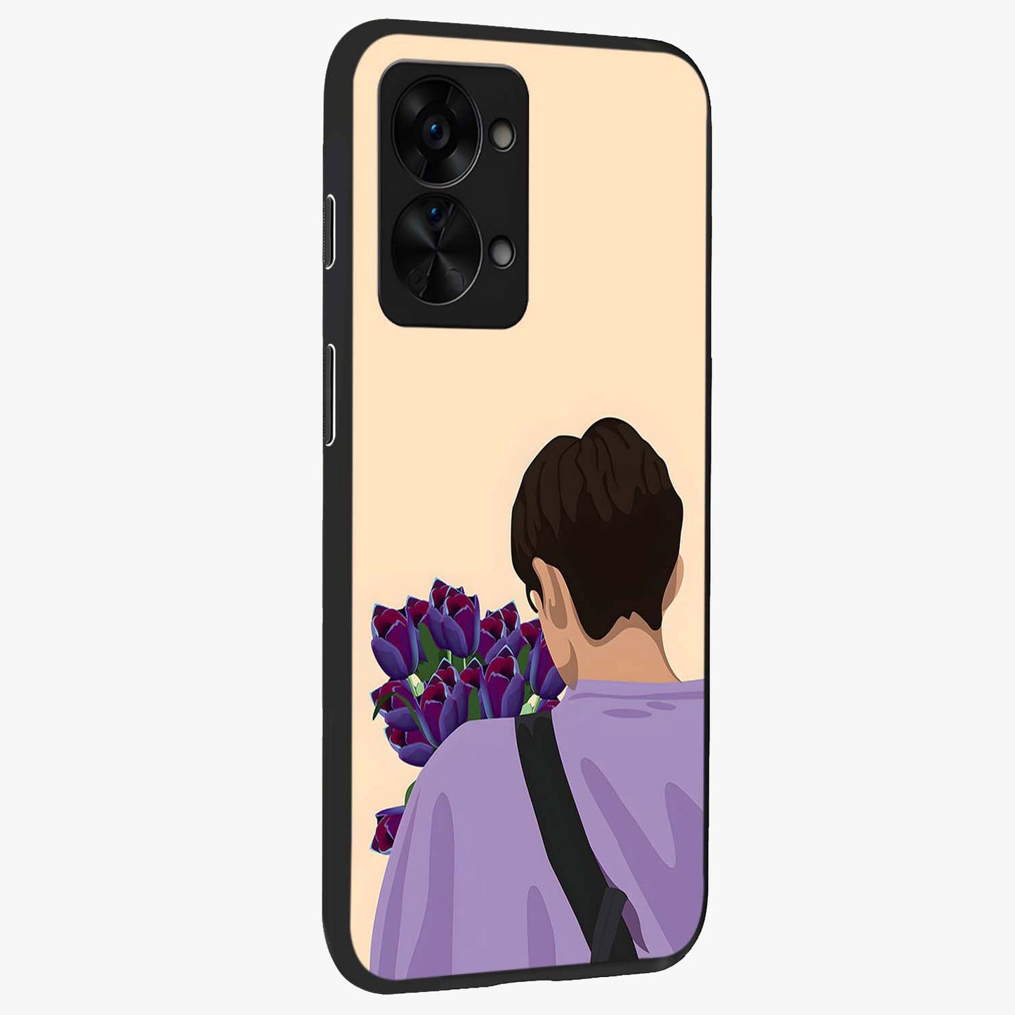 Boy Holding Flowers Glass Case for 1+Nord 2T side perspective highlighting delicate flower details and premium build