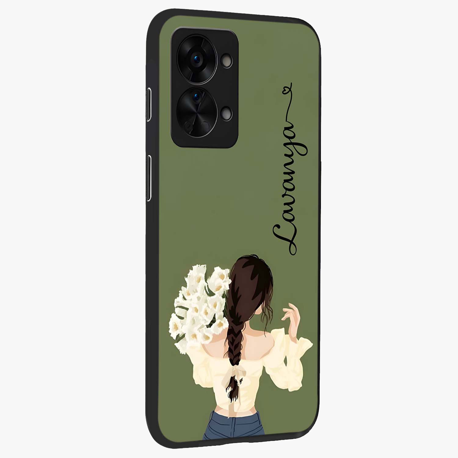 Braided Spring Beauty With Custom Name Glass Case for 1+Nord 2T side perspective highlighting custom name typography and smooth edges
