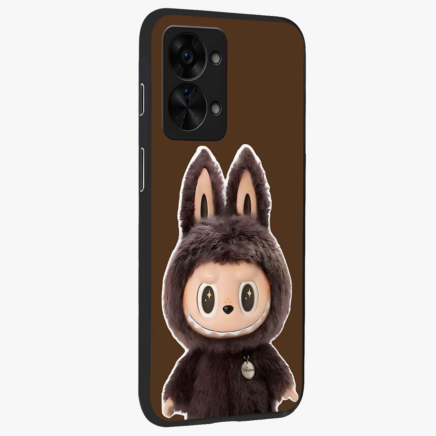 Brown Labubu Design Glass Case for 1+Nord 2T side perspective highlighting charming character detailing and smooth edges
