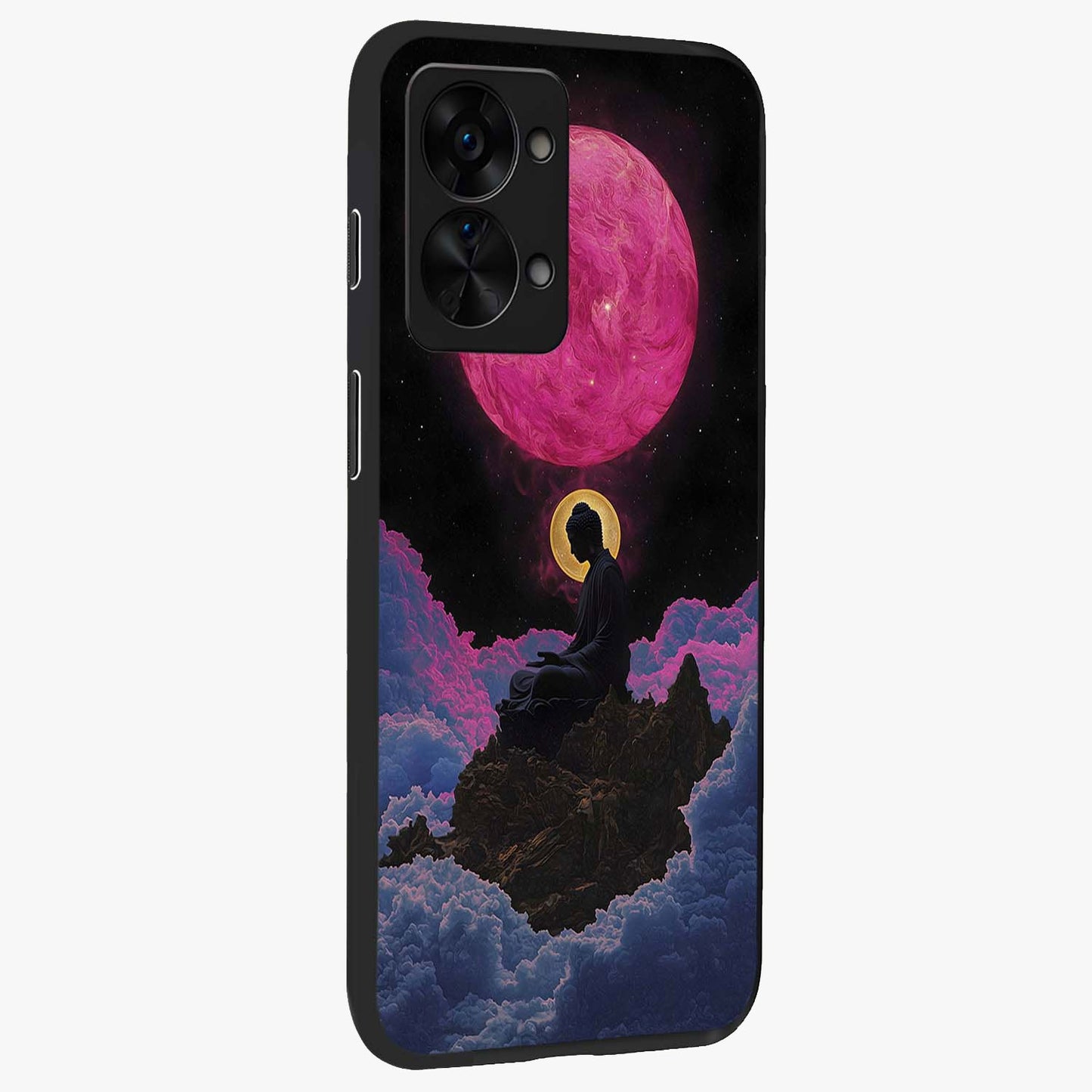 Buddha and Planets Glass Case for 1+Nord 2T side perspective highlighting divine illustration details and premium build
