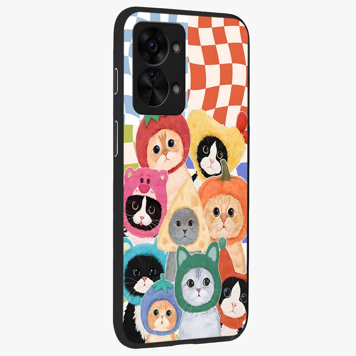 Cats in Fruits Glass Case for 1+Nord 2T side perspective highlighting fun detailing and premium smooth edges