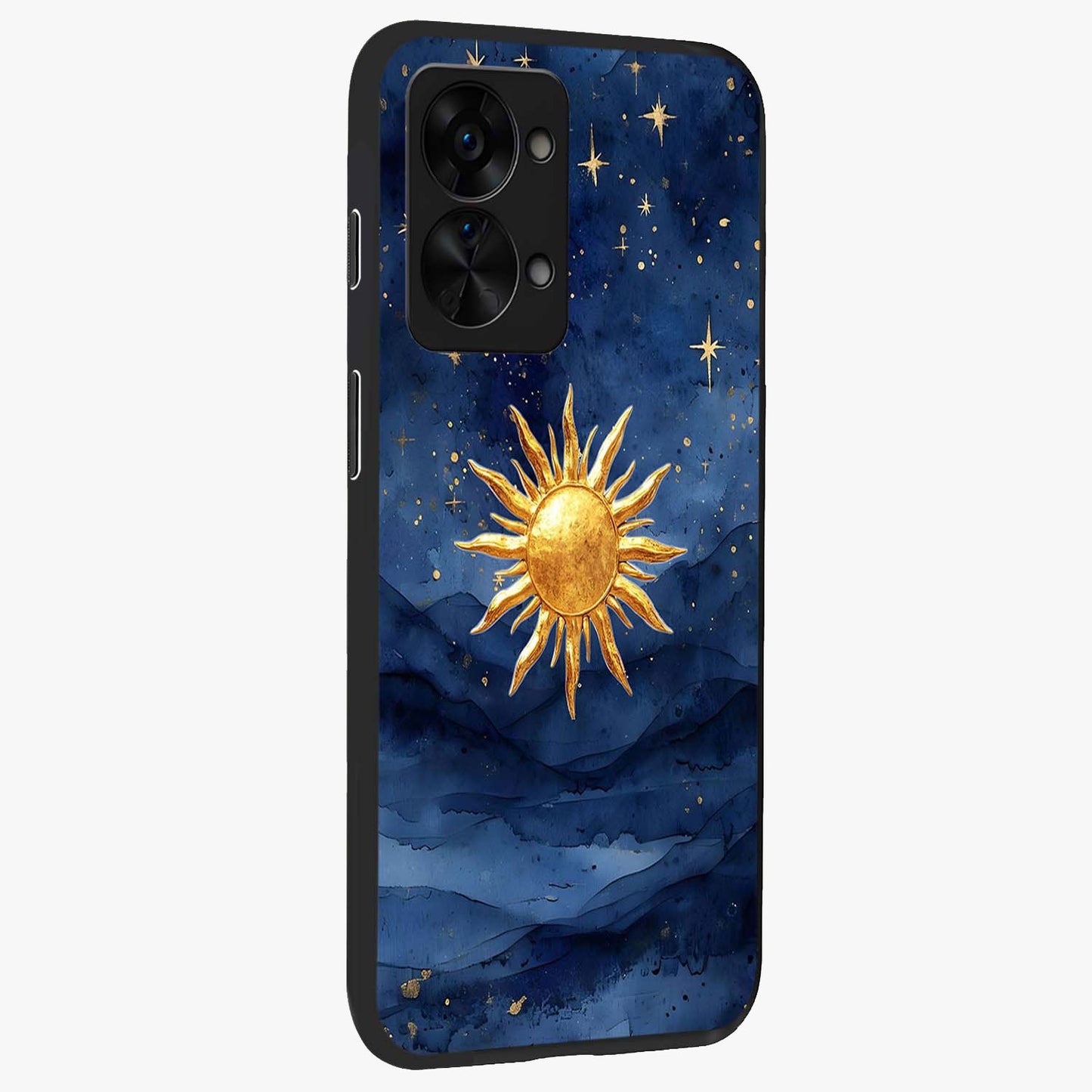 Celestial Blue Glow Glass Case for 1+Nord 2T side perspective highlighting vibrant glow detailing and sleek edges