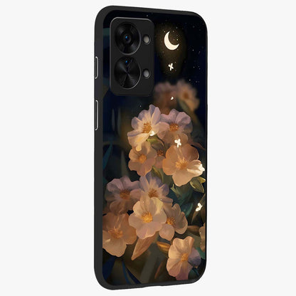 Celestial Petal Night Glass Case for 1+Nord 2T side perspective highlighting delicate petal details and premium edges
