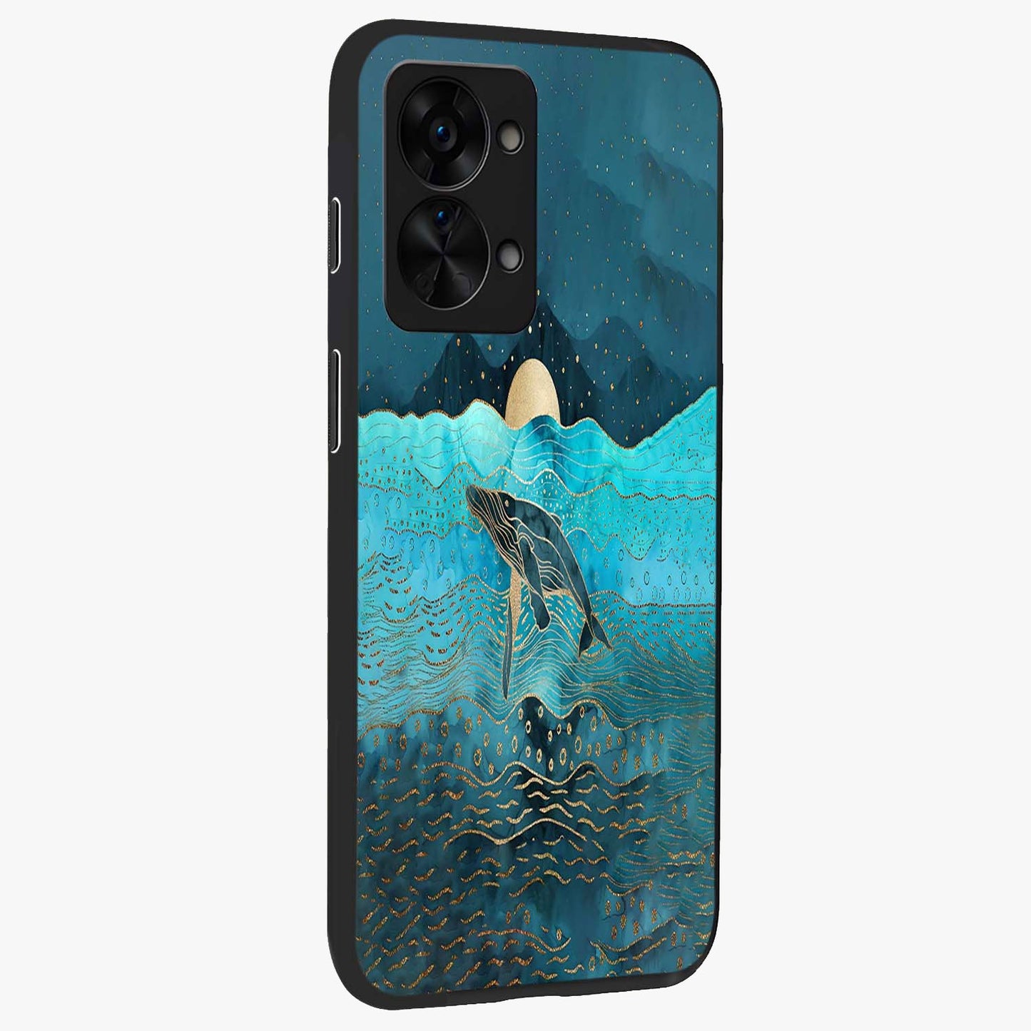 Celestial Whale Voyage Glass Case for 1+Nord 2T side perspective highlighting flowing whale illustration and premium detailing
