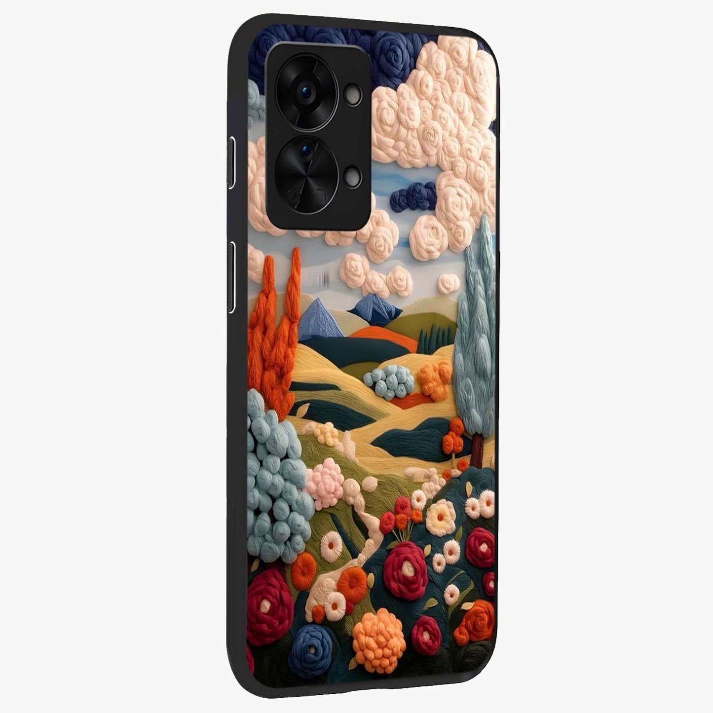 Cloud Cotton Meadows Printed Glass Case for 1+Nord 2T side perspective highlighting smooth edges and delicate meadow detailing