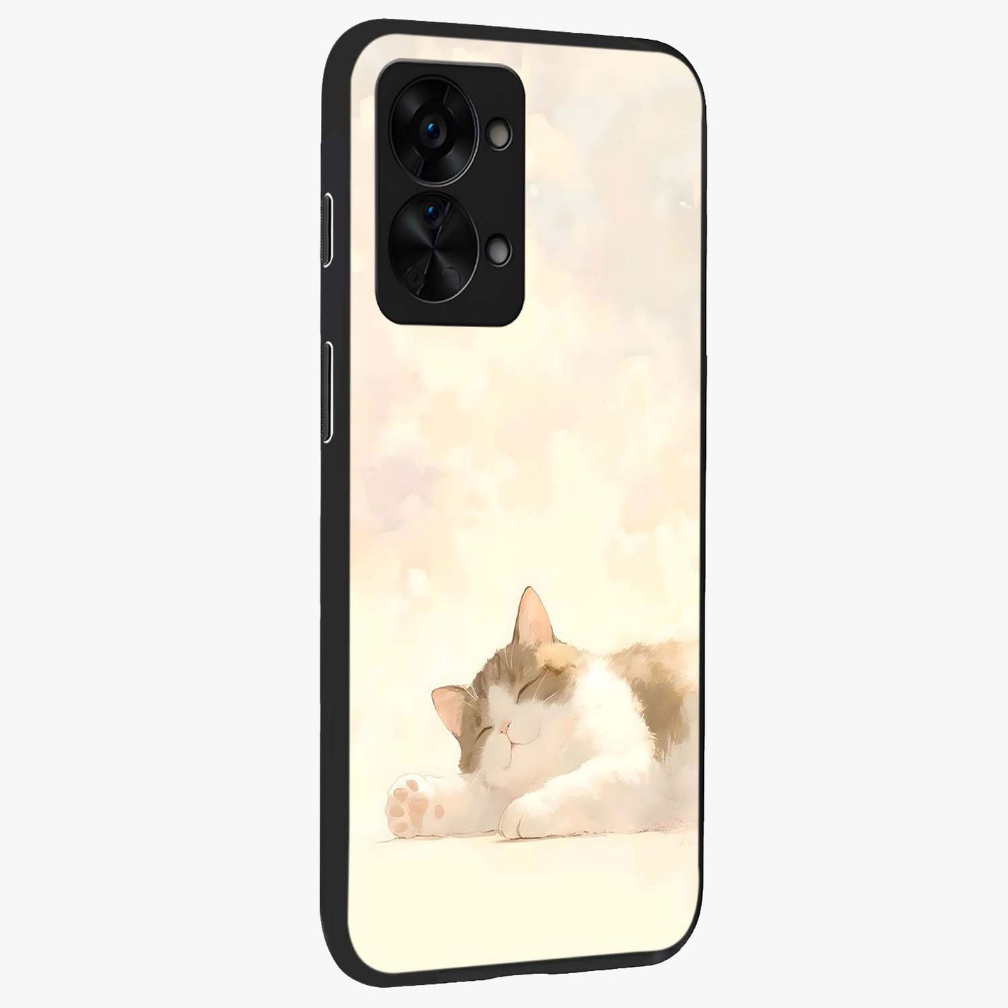 Cloud Nap Cat Glass Case for 1+Nord 2T side perspective highlighting charming feline details and premium edge finish