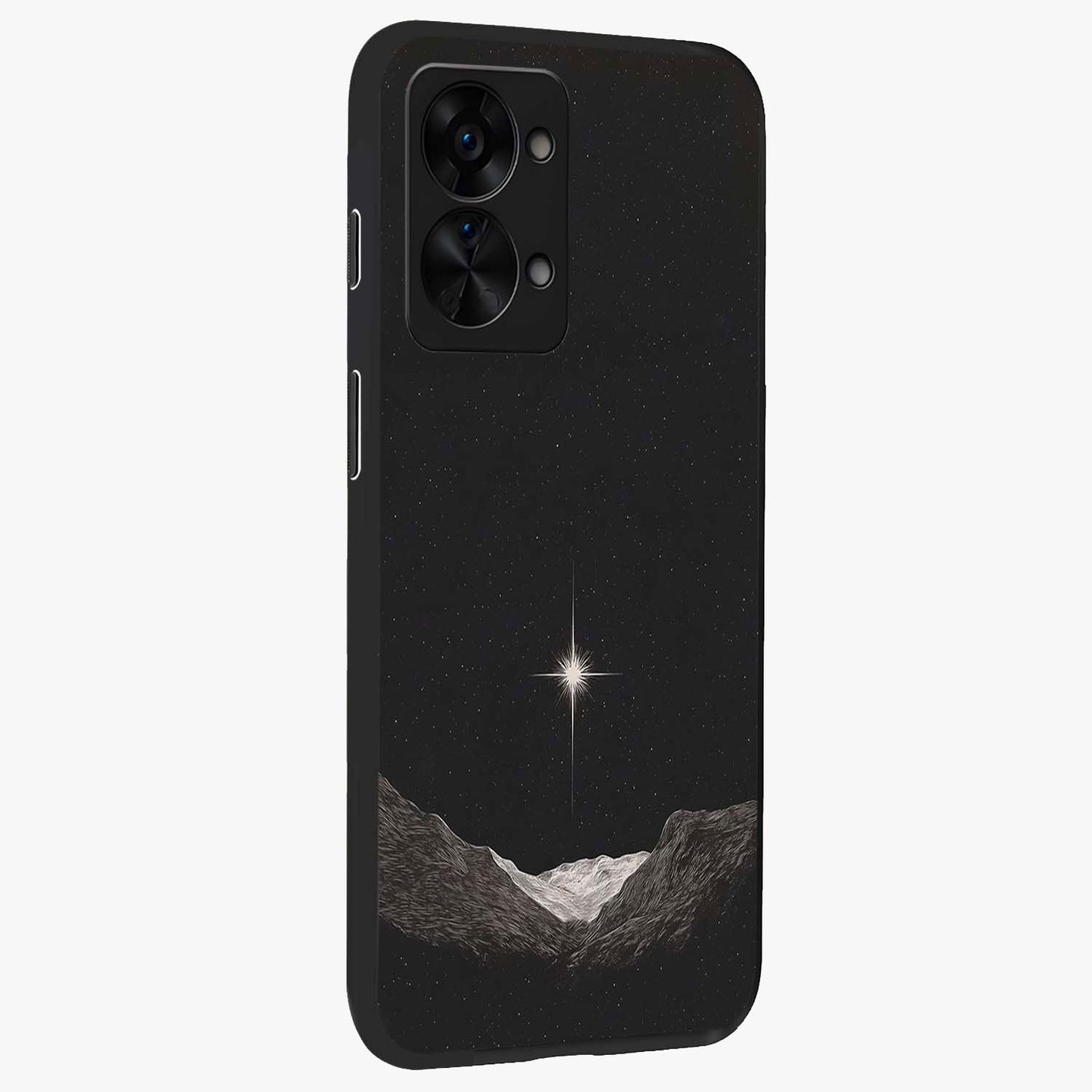 Cosmic Dream Night Glass Case for 1+Nord 2T side perspective highlighting vibrant star detailing and premium build