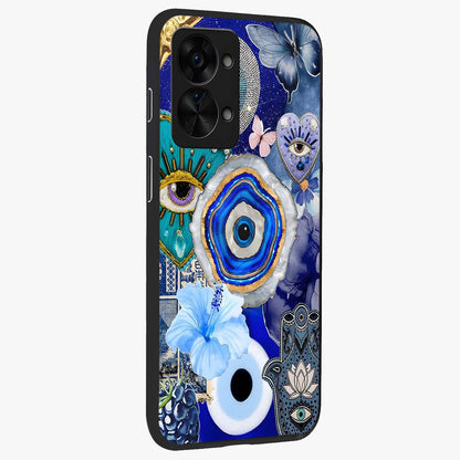 Crimson Evil Eye Charm Glass Case for 1+Nord 2T side perspective highlighting intricate charm design and smooth edges