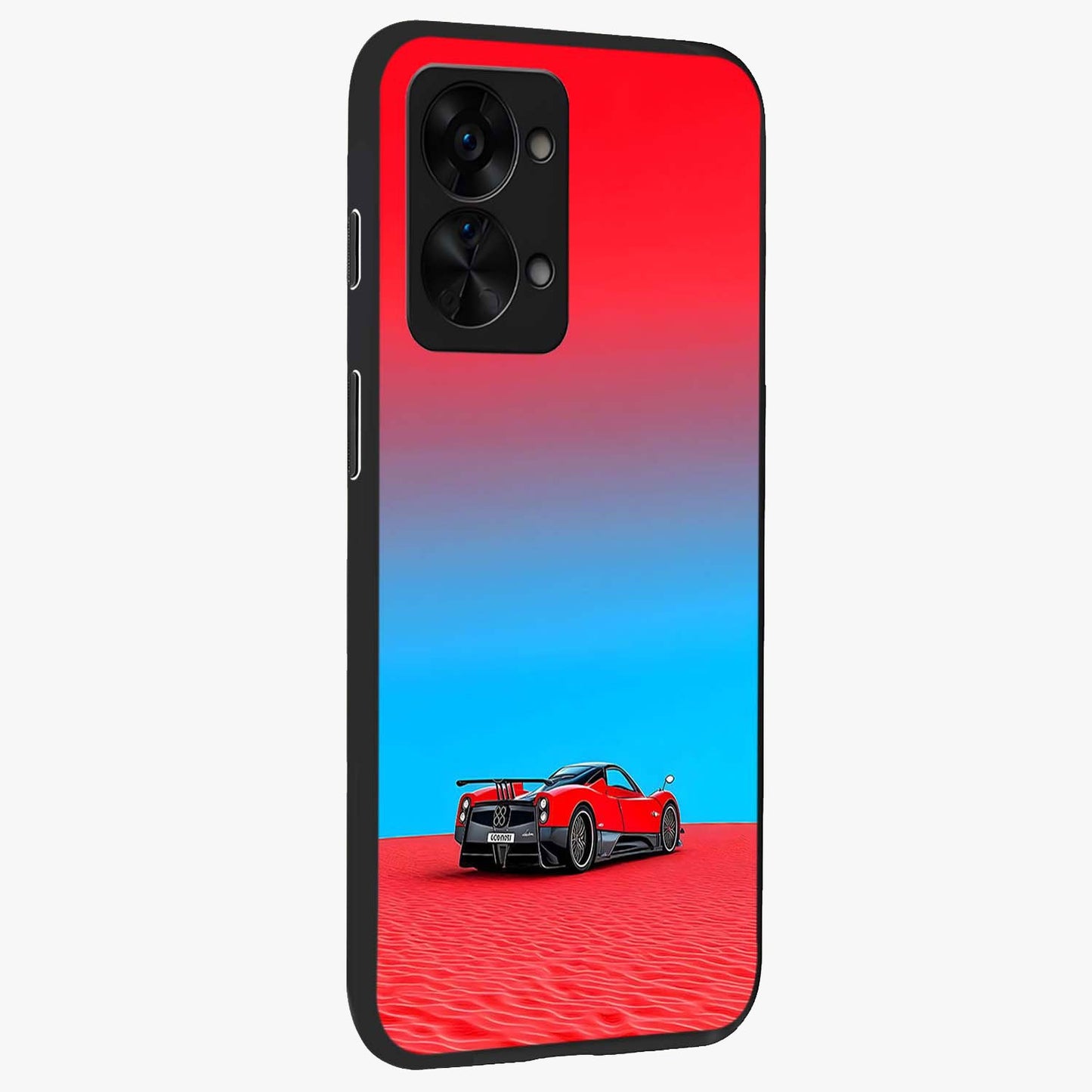 Crimson Speed Mirage Glass Case for 1+Nord 2T side perspective highlighting smooth aerodynamic design and premium edges