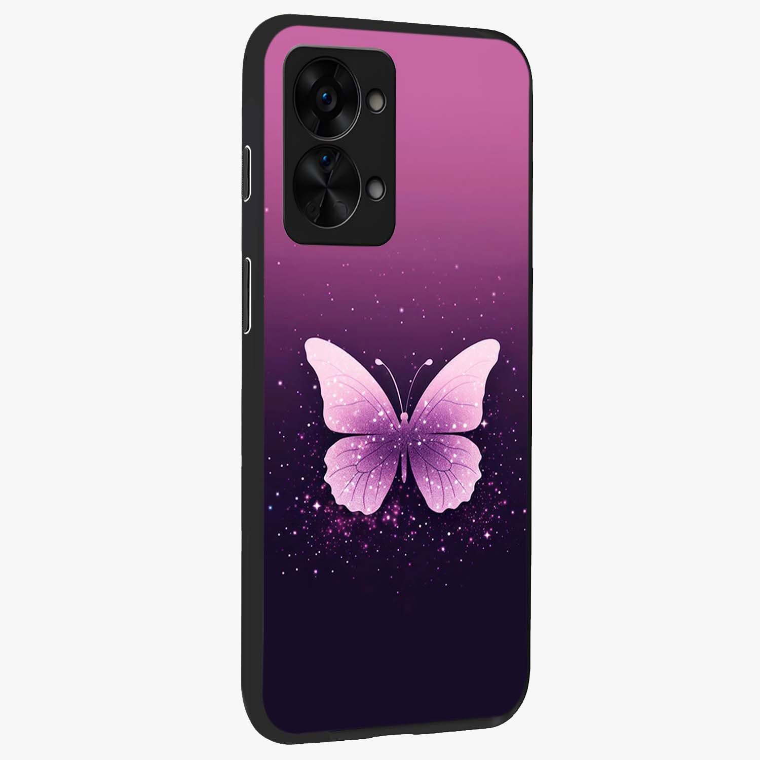 Cute Starry Butterfly Glass Case for 1+Nord 2T side perspective highlighting glowing star details and sleek edge finish