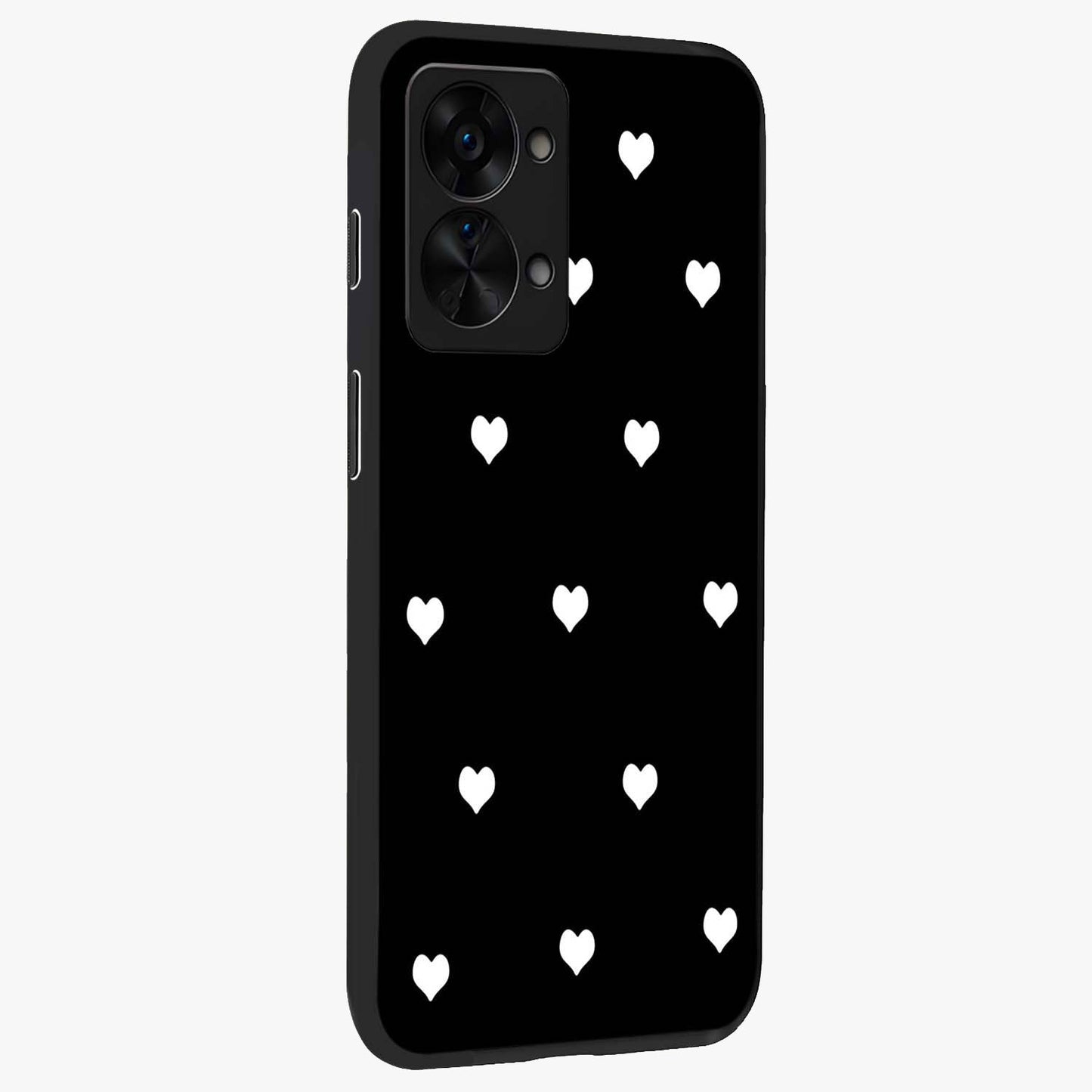 Cute Simple White Hearts Glass Case for 1+Nord 2T side perspective highlighting dramatic contrast and premium build