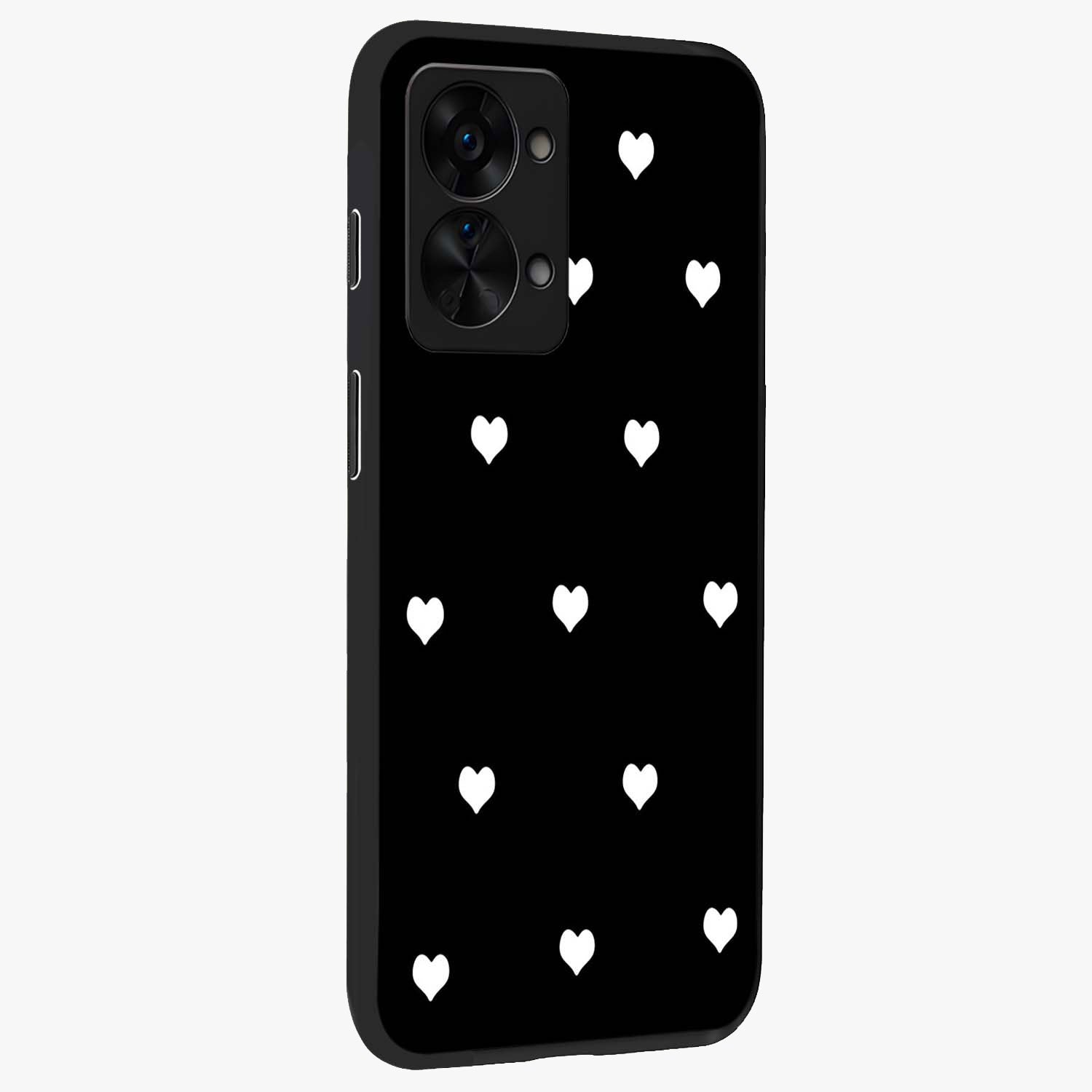 Cute Simple White Hearts Glass Case for 1+Nord 2T side perspective highlighting dramatic contrast and premium build