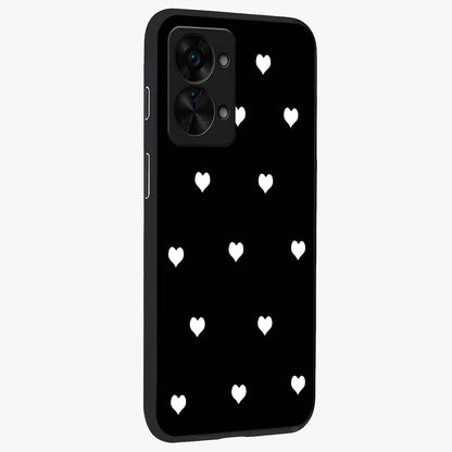 Cute Simple White Hearts Glass Case for 1+Nord 2T side perspective highlighting dramatic contrast and premium build