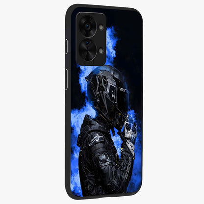 Cyber Sentinel Protocol Glass Case for 1+Nord 2T side perspective highlighting sharp digital textures and premium build