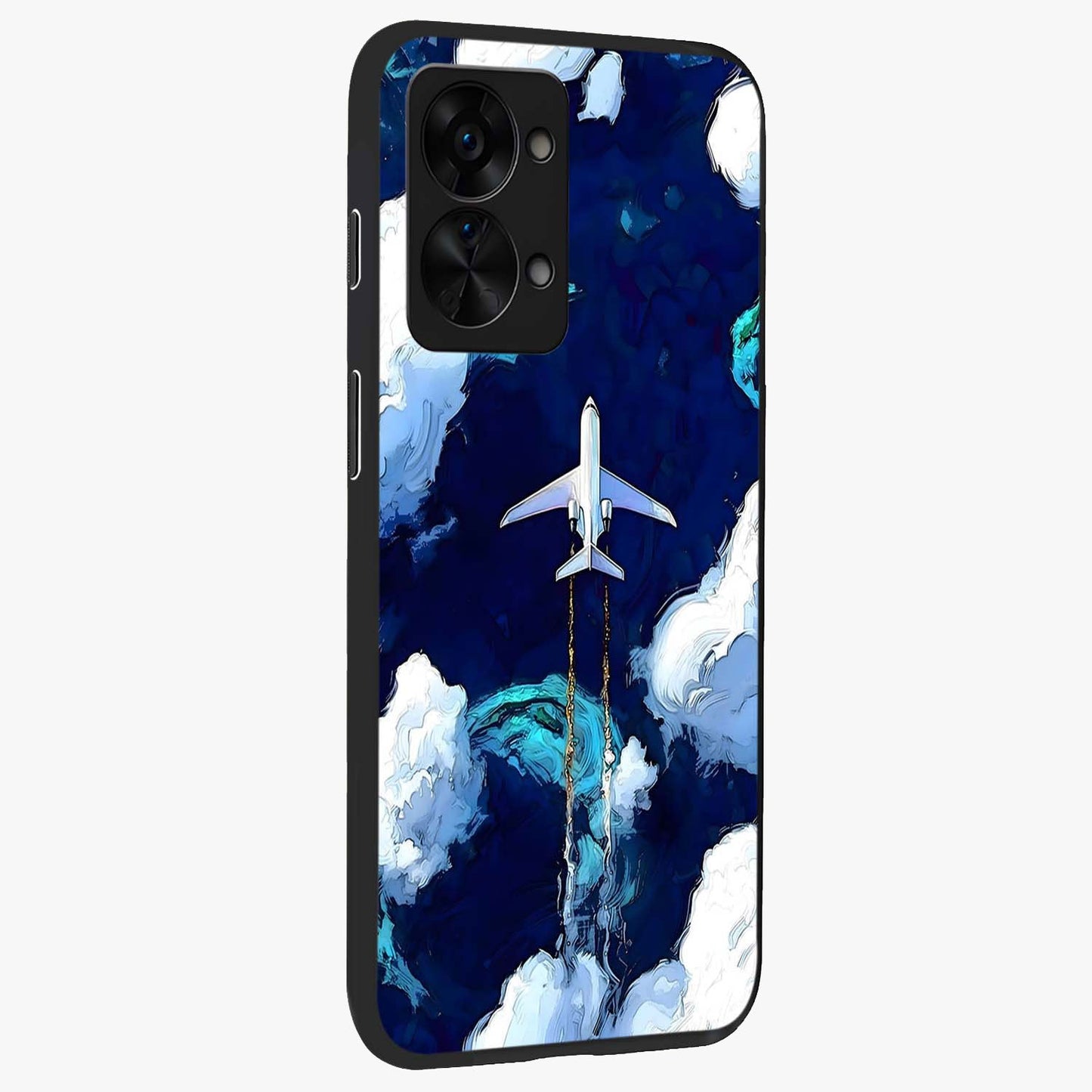 Dark Airplane Glass Case for 1+Nord 2T side perspective highlighting sleek aviation detailing and premium build