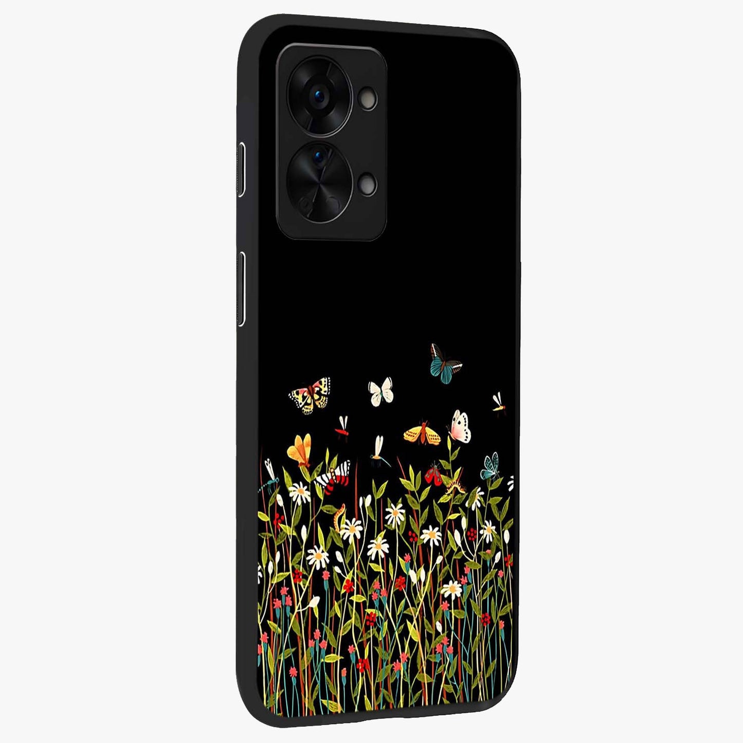 Dark Bloom Wonderland Custom Name Glass Case for 1+Nord 2T side perspective highlighting custom typography detailing and smooth edges